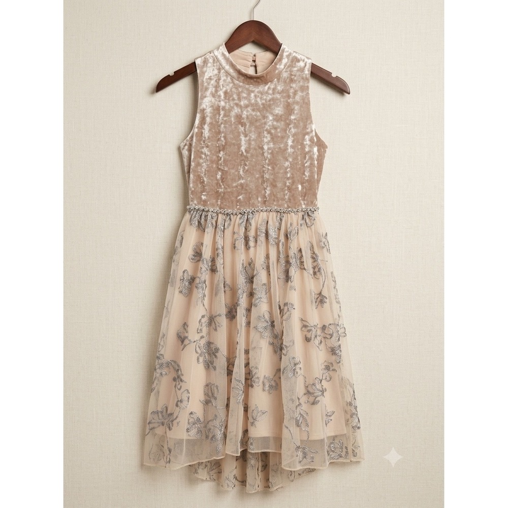 Speechless Girls Champagne Velvet & Floral Tulle High-Low Formal Dress Size 14
